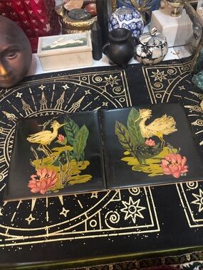 VINTAGE HAND PAINTED ON BLACK TILE: CRANES WATERSCAPE - ART DECO / MCM / 1950’S+